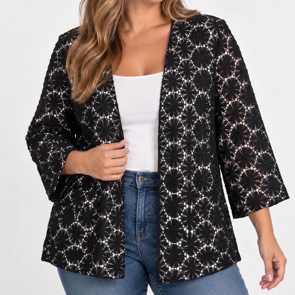 Talbots Size 18 Black Floral Lace Open Front Jacket Cotton Lyocell Dressy